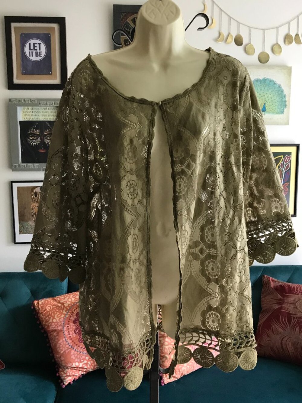 INDIGO THREAD size 1X Olive Green Lace Kimono Cardigan Forest Girl Whimsigoth